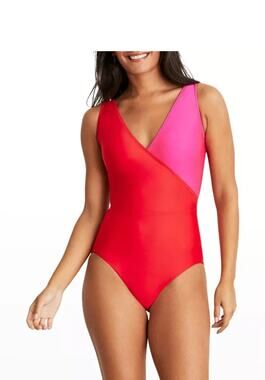 NWT Hermoza Pink and Red Color Block V-Neck One Piece Swimsuit Size 14
